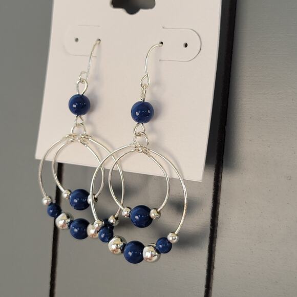 Croft & Barrow Hoop Dangle Earrings Navy Blue Silver Beads 2.04in, Free Gift Bag - Picture 5 of 6